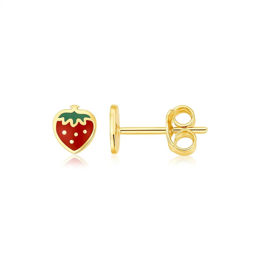 14k Yellow Gold Enameled Strawberry Childrens Earrings