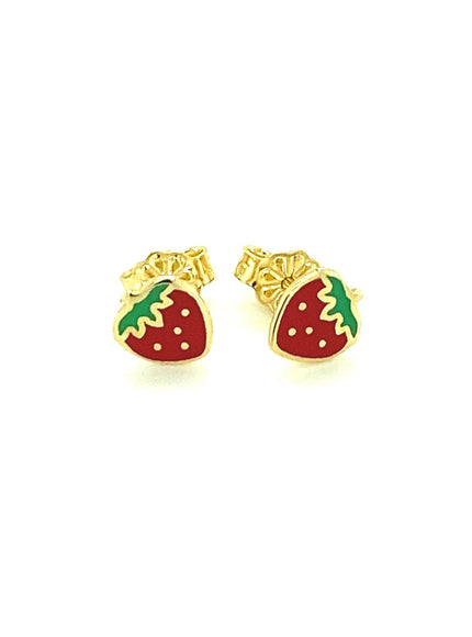 14k Yellow Gold Enameled Strawberry Childrens Earrings