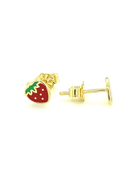 14k Yellow Gold Enameled Strawberry Childrens Earrings