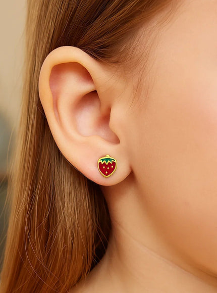 14k Yellow Gold Enameled Strawberry Childrens Earrings