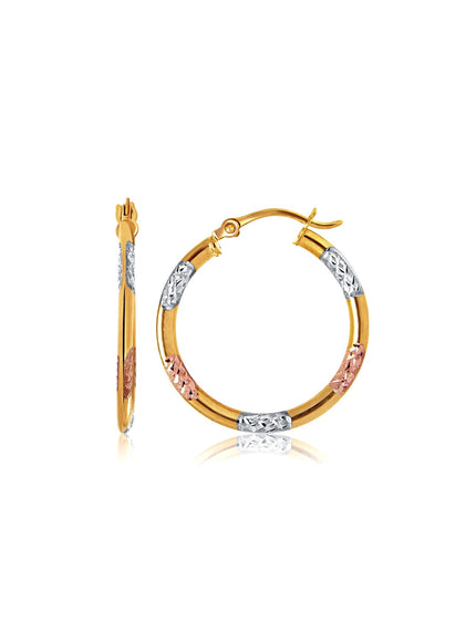 10k Tri-Color Gold Classic Hoop Earrings with Diamond Cut Details