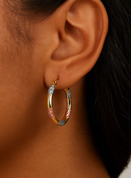 10k Tri-Color Gold Classic Hoop Earrings with Diamond Cut Details