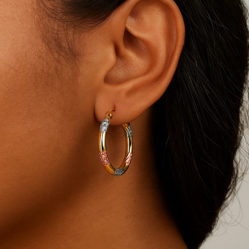10k Tri-Color Gold Classic Hoop Earrings with Diamond Cut Details