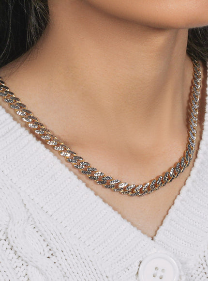 14k Yellow Gold White Pave High Polish Modern Lite Miami Cuban Chain (8.0mm)