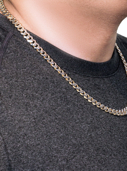 14k Yellow Gold White Pave High Polish Modern Lite Miami Cuban Chain (8.0mm)