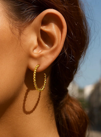 14K Yellow Gold Bead Hoop Earrings