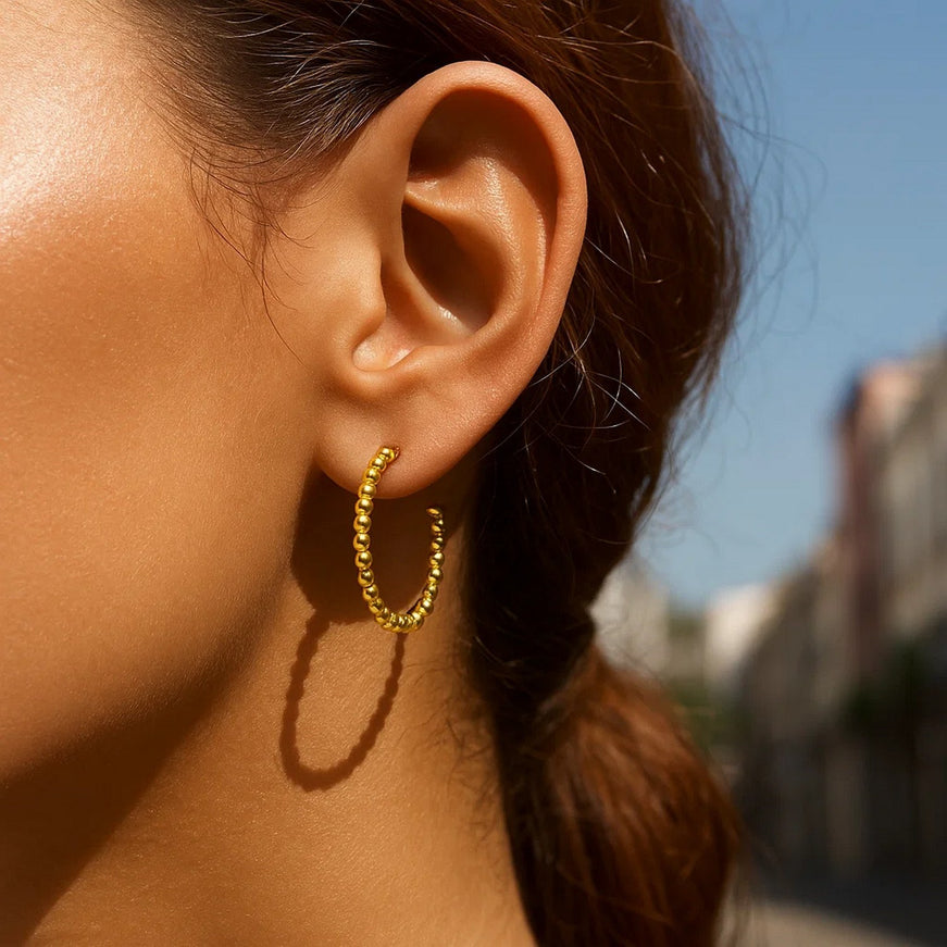 14K Yellow Gold Bead Hoop Earrings
