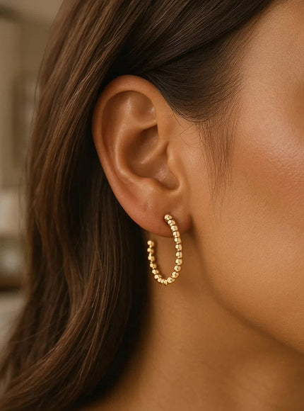 14K Yellow Gold Bead Hoop Earrings