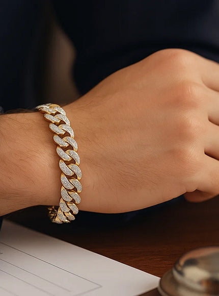 14k Two Tone Gold Curb Chain Bracelet with Diamond Pave Links