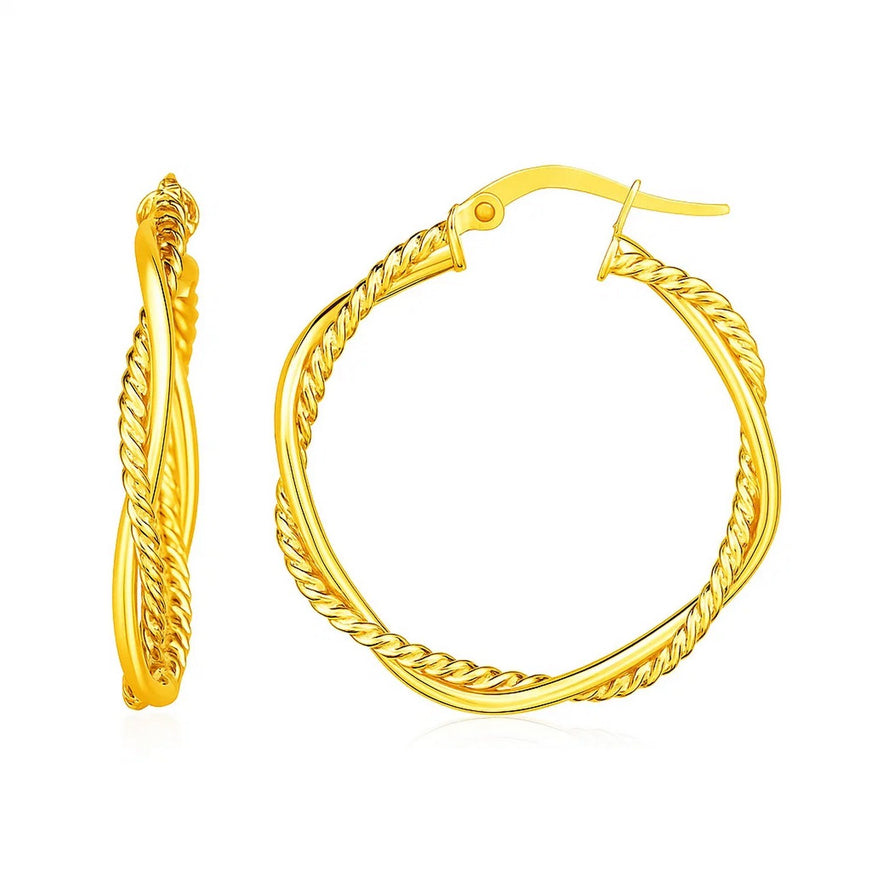 14k Yellow Gold Two Part Textured Twisted Round Hoop Earrings