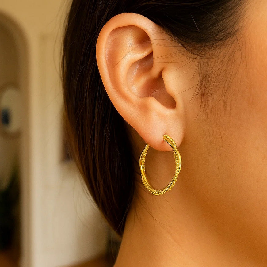 14k Yellow Gold Two Part Textured Twisted Round Hoop Earrings