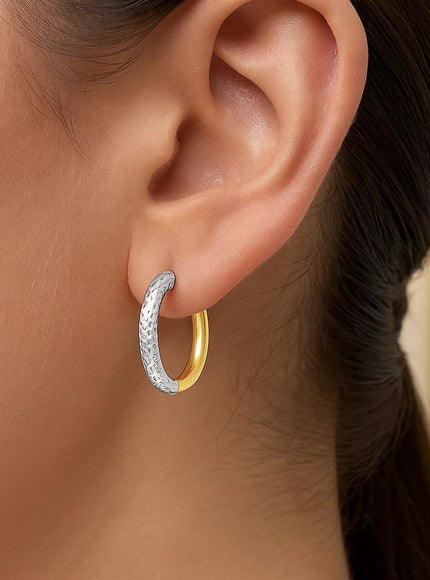 14k Two-Tone Gold Hoop Earrings with Textured Style