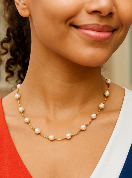 14k Yellow Gold Arc Link Necklace with White Pearls