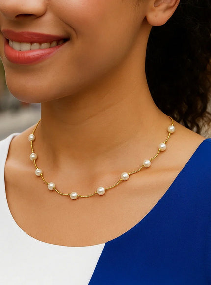 14k Yellow Gold Arc Link Necklace with White Pearls