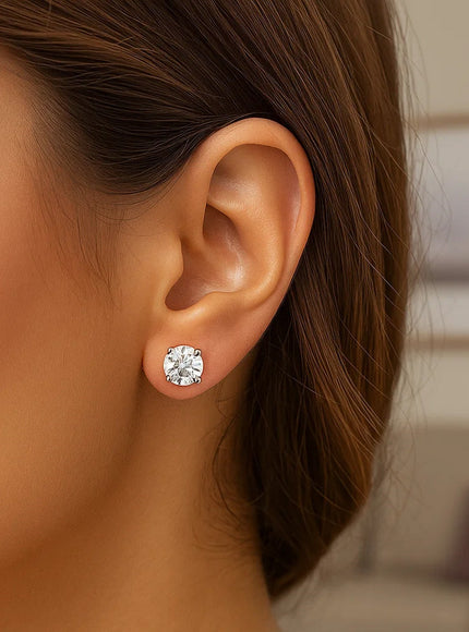 14k White Gold Stud Earrings with White Hue Faceted Cubic Zirconia