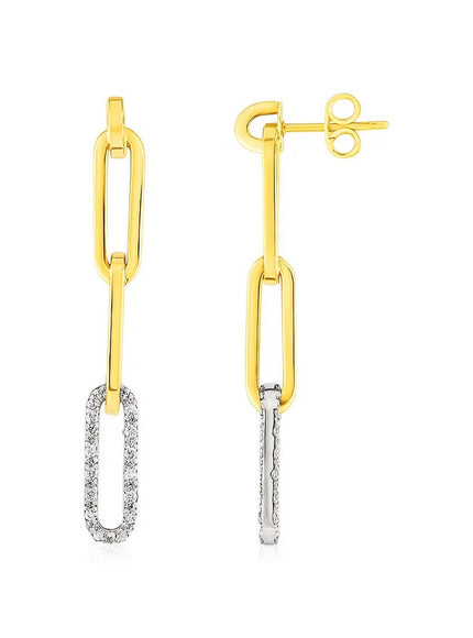 14k Yellow Gold Paperclip Chain Dangle Earrings with Diamonds