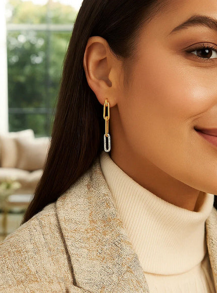 14k Yellow Gold Paperclip Chain Dangle Earrings with Diamonds