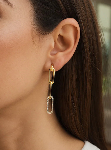 14k Yellow Gold Paperclip Chain Dangle Earrings with Diamonds