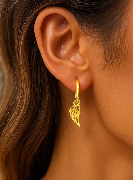 14K Yellow Gold Hoop Earrings with Angel Wings