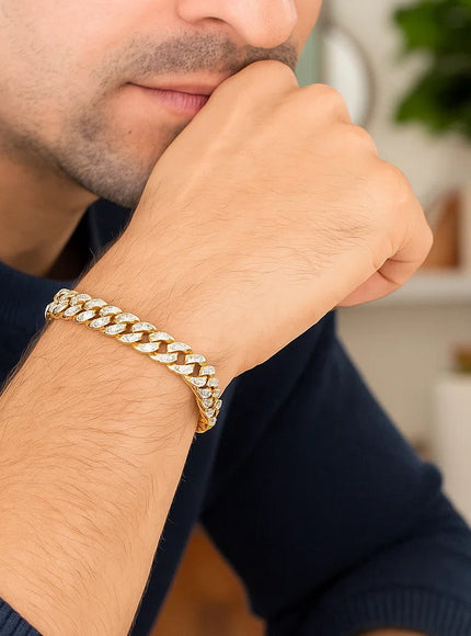 14k Yellow Gold White Pave High Polish Modern Lite Miami Cuban Bracelet (6.5mm)