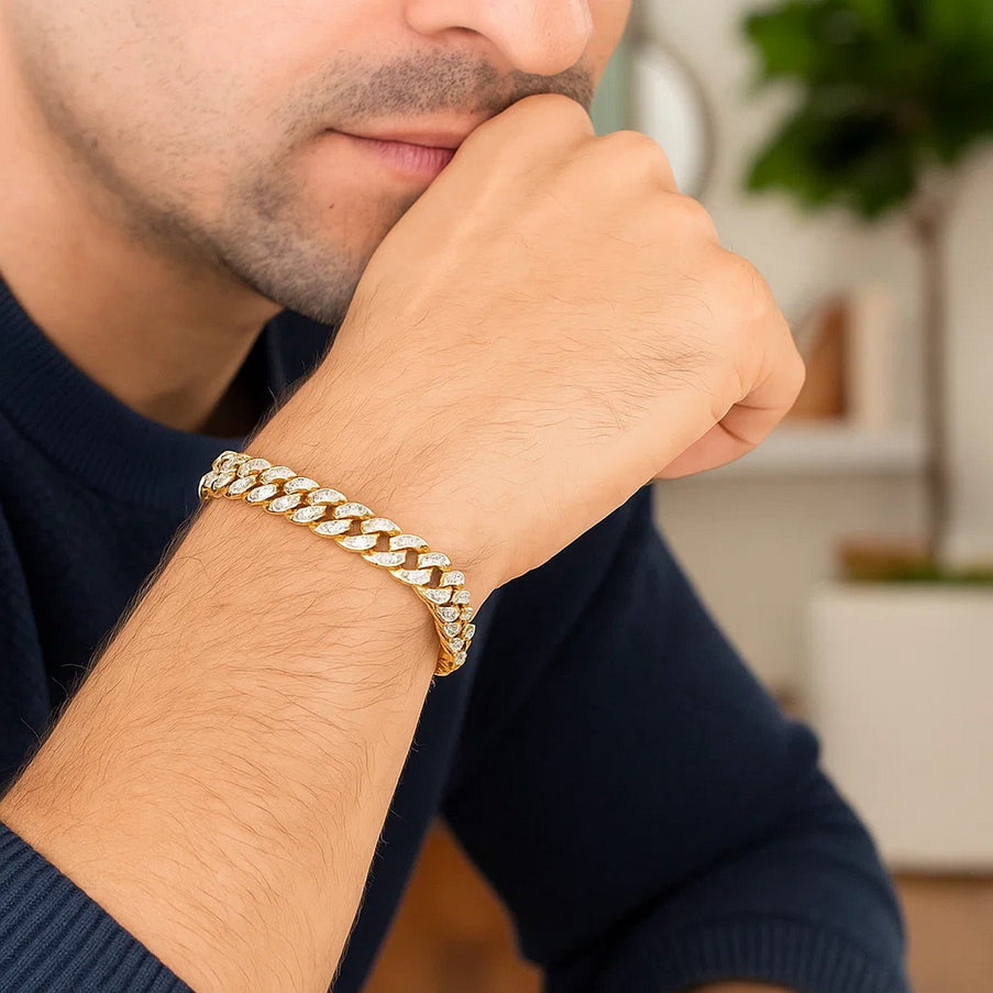 14k Yellow Gold White Pave High Polish Modern Lite Miami Cuban Bracelet (6.5mm)