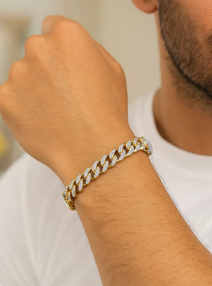 14k Yellow Gold White Pave High Polish Modern Lite Miami Cuban Bracelet (6.5mm)