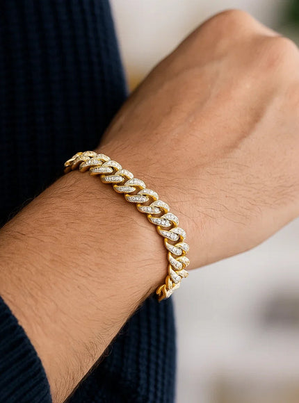 14k Yellow Gold White Pave High Polish Modern Lite Miami Cuban Bracelet (6.5mm)