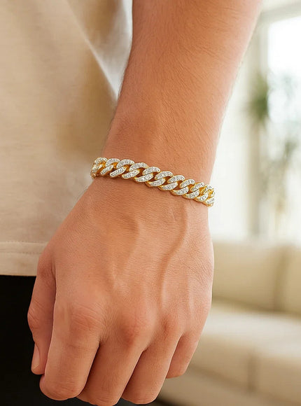 14k Yellow Gold White Pave High Polish Modern Lite Miami Cuban Bracelet (6.5mm)