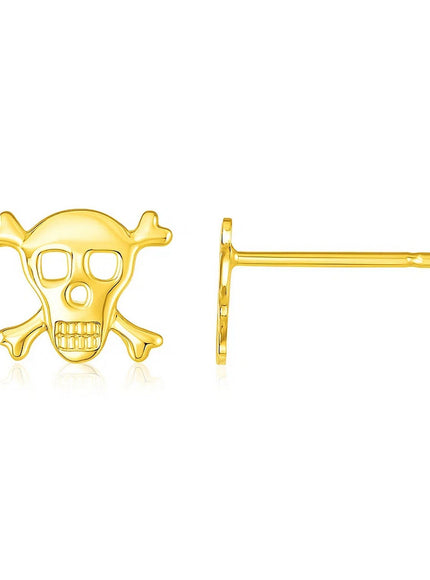 14K Yellow Gold Skull and Crossbones Post Earrings