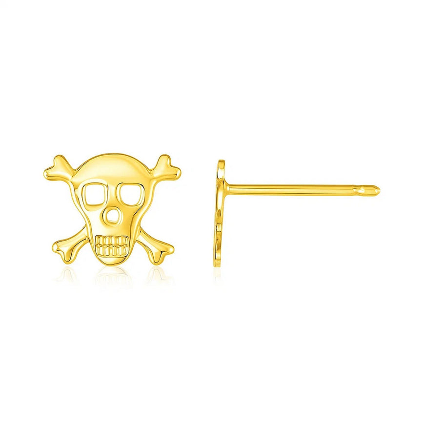 14K Yellow Gold Skull and Crossbones Post Earrings