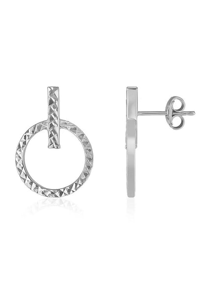 14k White Gold Textured Circle and Bar Post Earrings