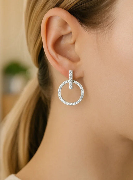 14k White Gold Textured Circle and Bar Post Earrings