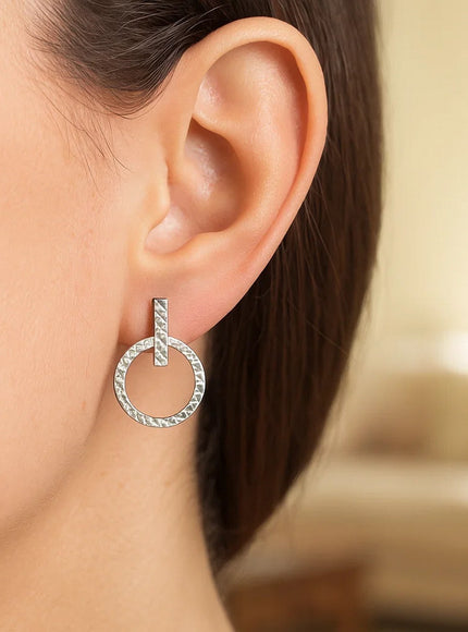 14k White Gold Textured Circle and Bar Post Earrings