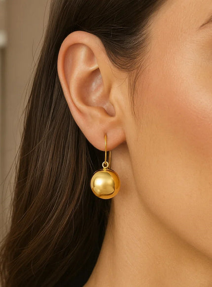 14k Yellow Gold Puffed Circle Shape Drop Earrings