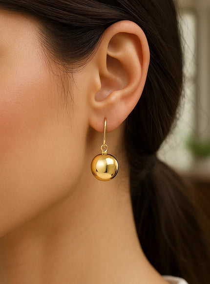 14k Yellow Gold Puffed Circle Shape Drop Earrings