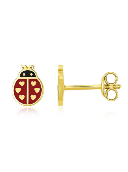 14K Yellow Gold Ladybug Enamel Earrings