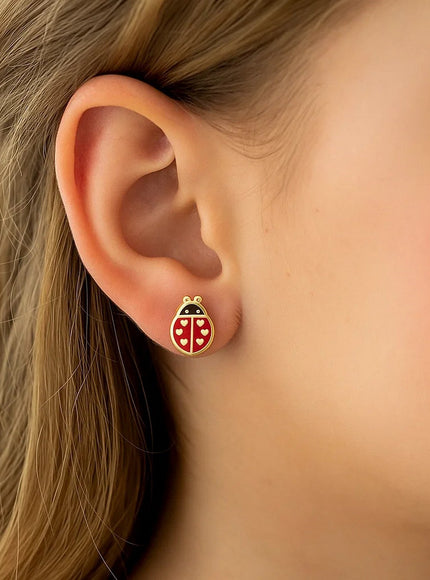 14K Yellow Gold Ladybug Enamel Earrings