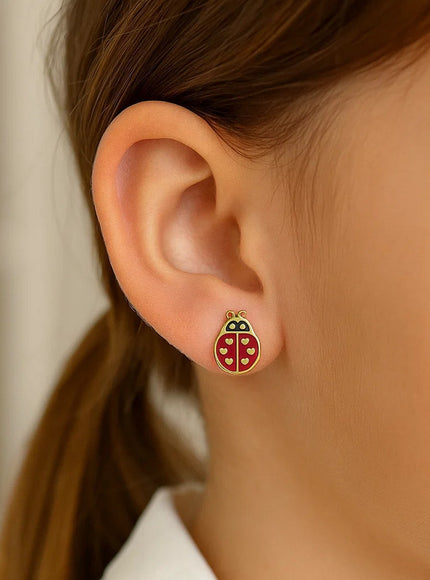 14K Yellow Gold Ladybug Enamel Earrings