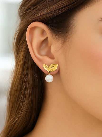 Pearl Drop Earrings with Cherry Leaf in 14K Yellow Gold