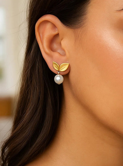 Pearl Drop Earrings with Cherry Leaf in 14K Yellow Gold