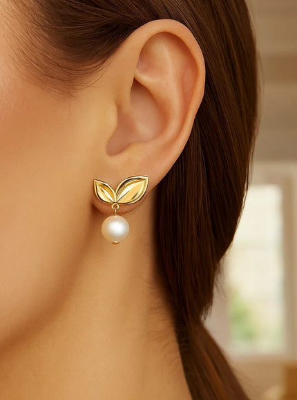 Pearl Drop Earrings with Cherry Leaf in 14K Yellow Gold
