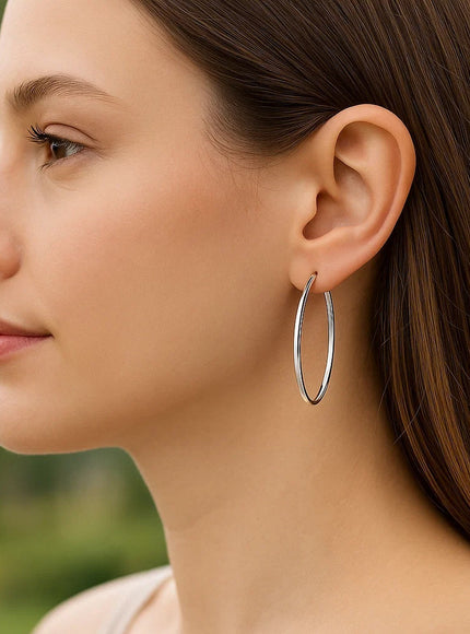 14k White Gold Slim Oval Shape Hoop Earrings