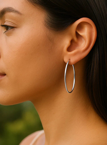 14k White Gold Slim Oval Shape Hoop Earrings