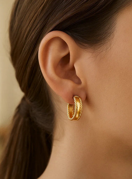 14K Yellow Gold Triple Row Hoop Earrings