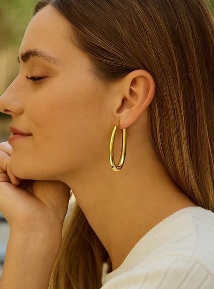 14k Yellow Gold Elongated Oval Hoops