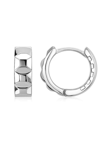 14K White Gold Square Motif Faceted Huggie Earrings