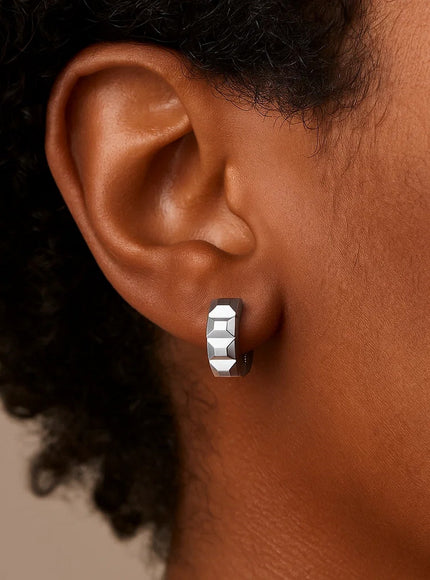 14K White Gold Square Motif Faceted Huggie Earrings
