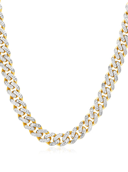 14k Two Tone Gold Miami Cuban Chain Necklace with White Pave