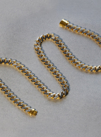 14k Two Tone Gold Miami Cuban Chain Necklace with White Pave