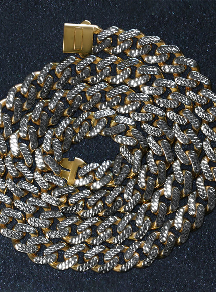 14k Two Tone Gold Miami Cuban Chain Necklace with White Pave